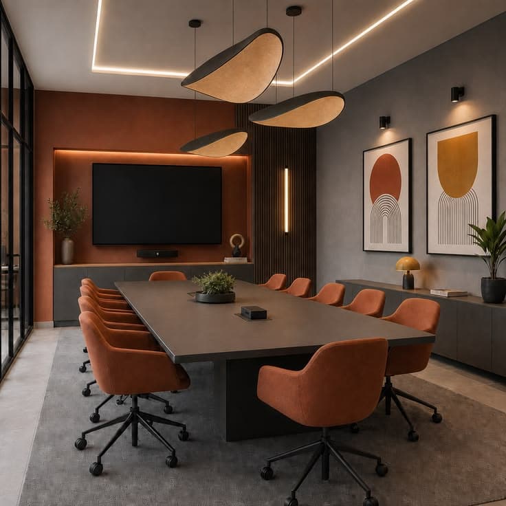 A commercial meeting room with a long table, orange task chairs and warm cove lighting above a dark panelled wall
